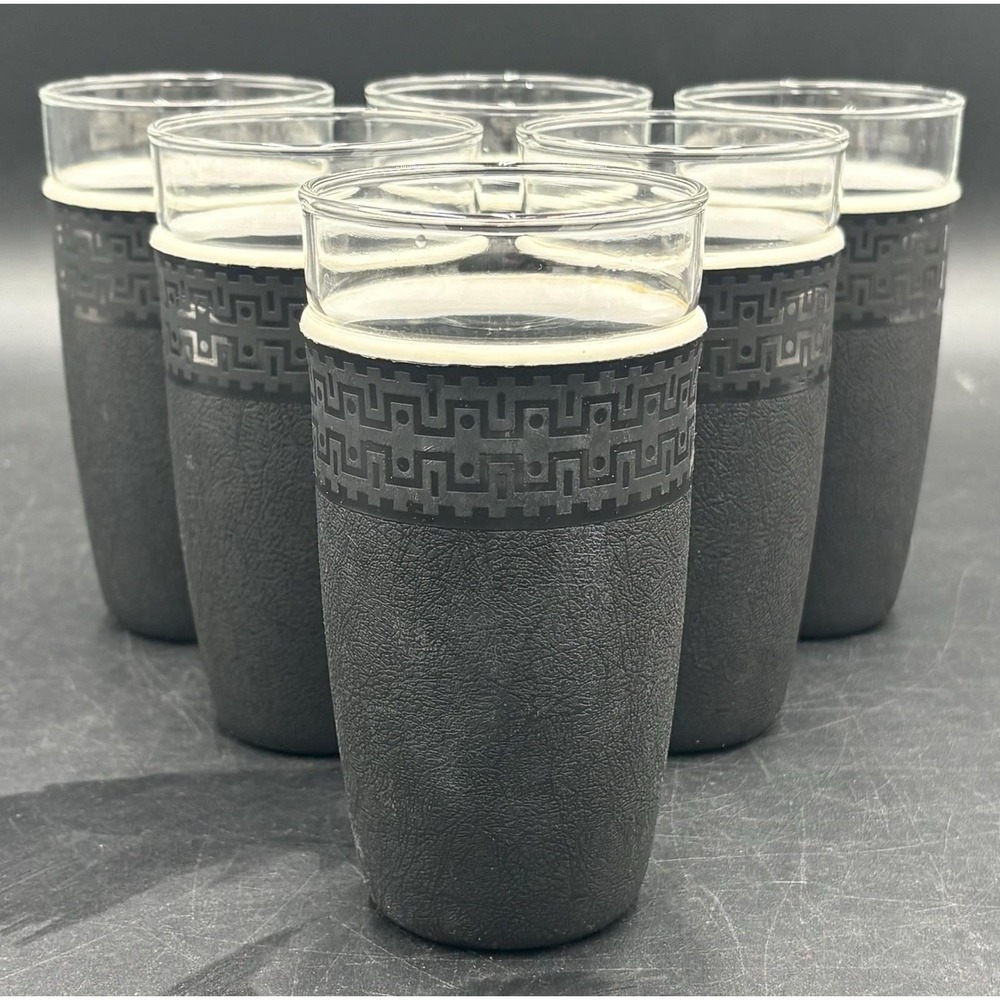 Vtg MCM Nile Cryst-O-Thermo Black Drink Glass Plastic Tumbler Cups Set Of 6